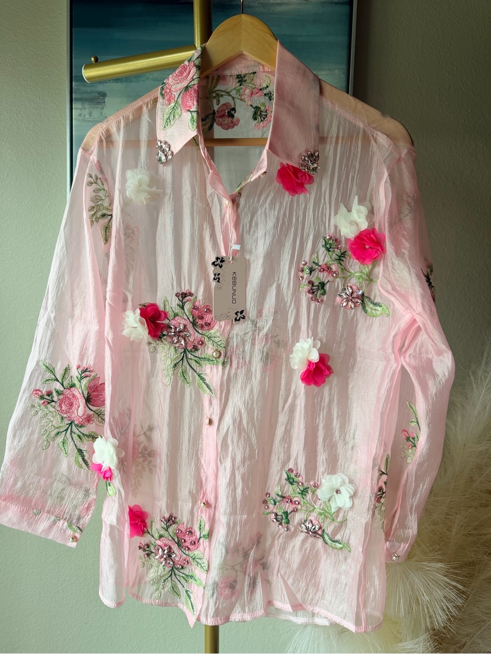 NWT KEBUNUO Pink Sheer Floral Embroidered 3D Appliqué Button-Up Blouse OS - Picture 3 of 12